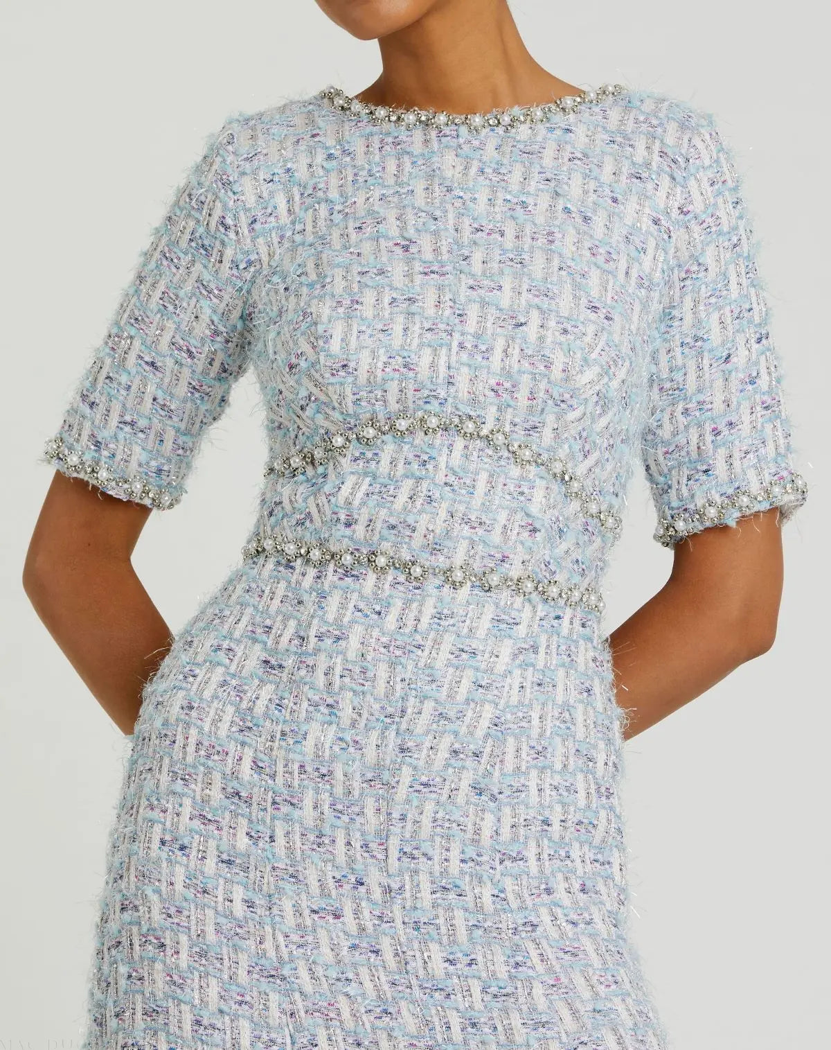 Mac Duggal Blue Short Sleeve Beaded Trim Boucle Midi Dress