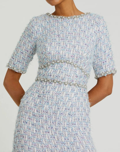 Mac Duggal Blue Short Sleeve Beaded Trim Boucle Midi Dress