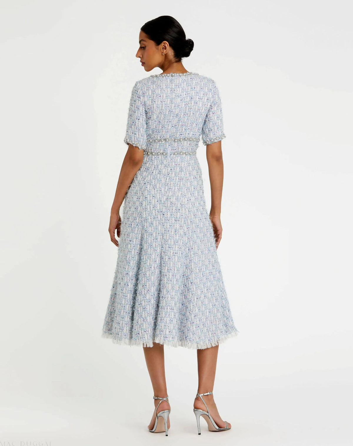 Mac Duggal Blue Short Sleeve Beaded Trim Boucle Midi Dress