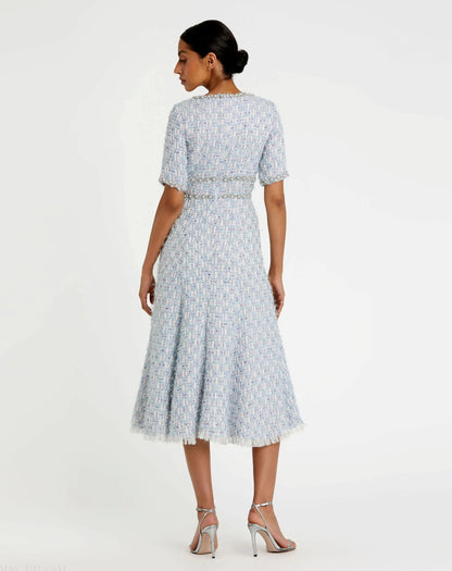Mac Duggal Blue Short Sleeve Beaded Trim Boucle Midi Dress