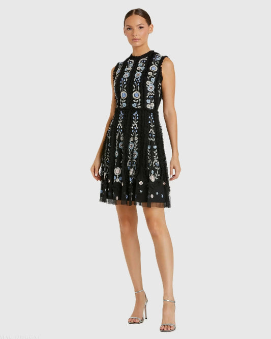 Mac Duggal Black Sleeveless High Neck Embroidered Mini Dress