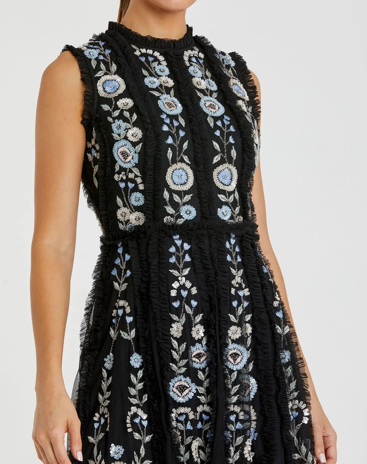 Mac Duggal Black Sleeveless High Neck Embroidered Mini Dress