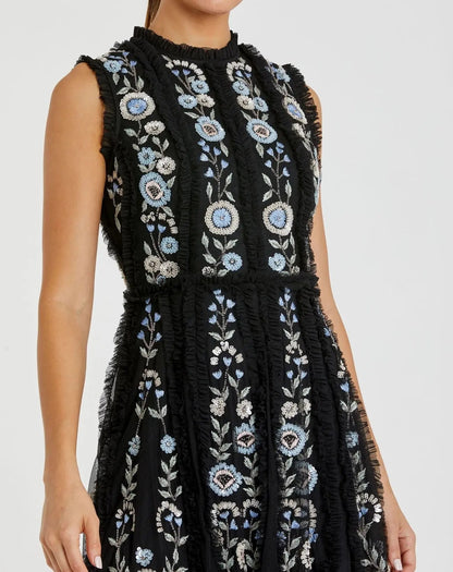 Mac Duggal Black Sleeveless High Neck Embroidered Mini Dress