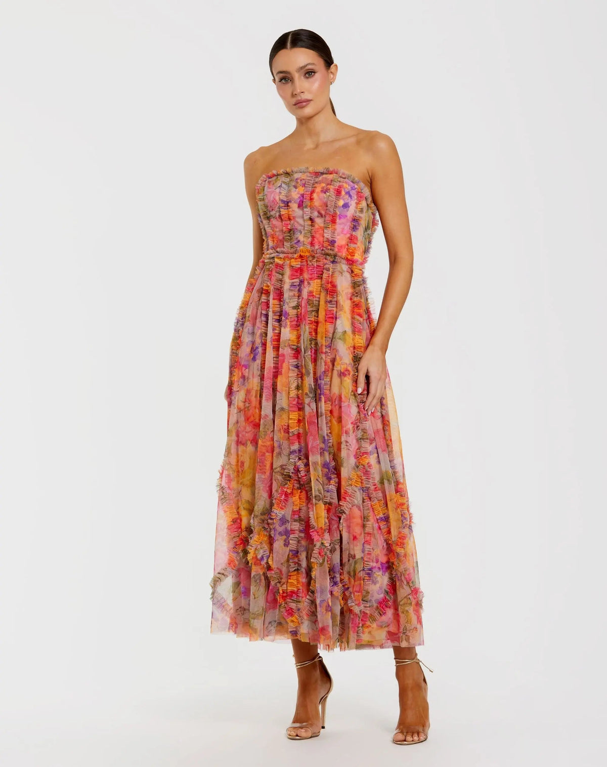 Mac Duggal Multicolor Strapless Floral Ruffle Dress