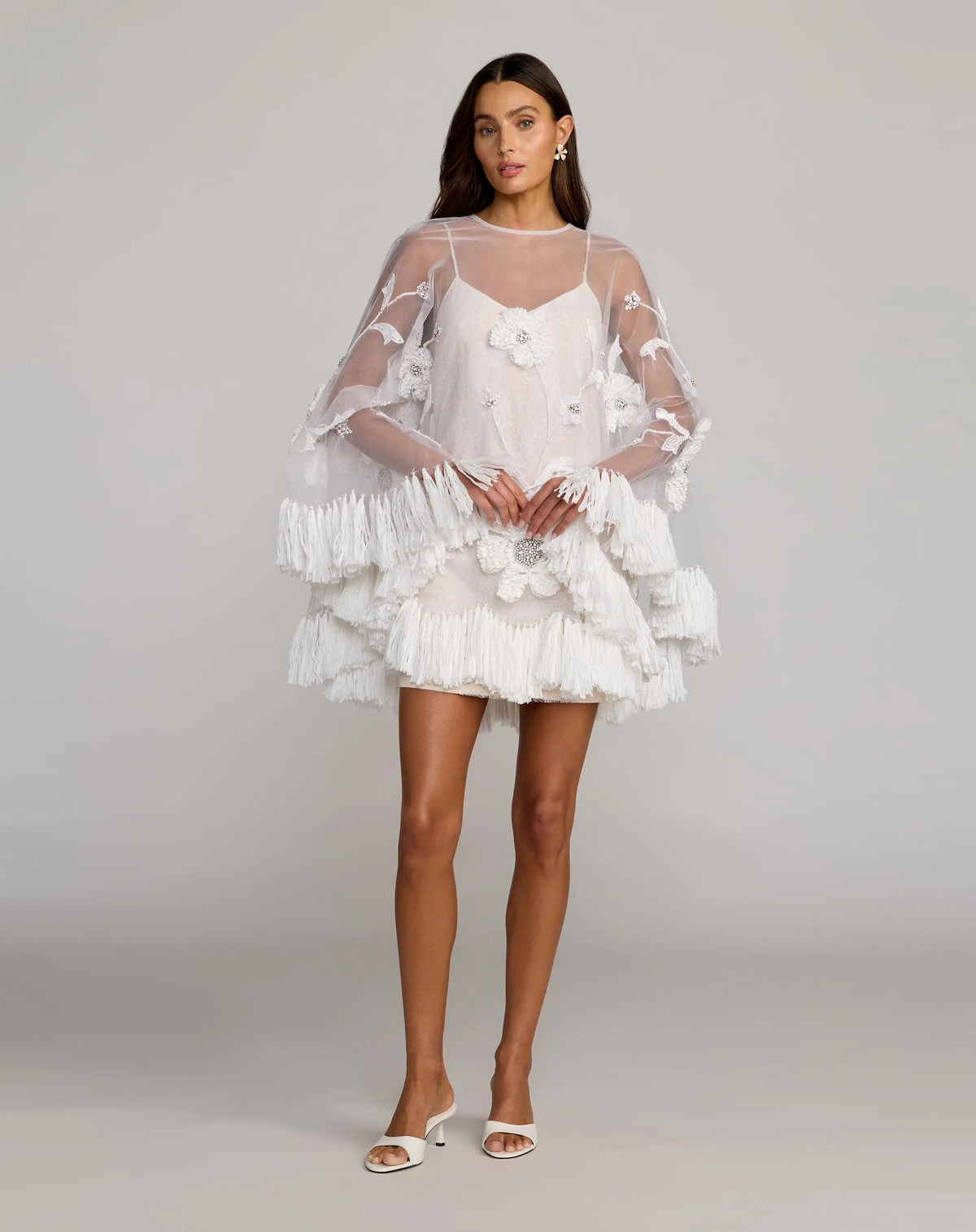 Mac Duggal White Embellished Trapeze Mini Dress With Fringe Hem