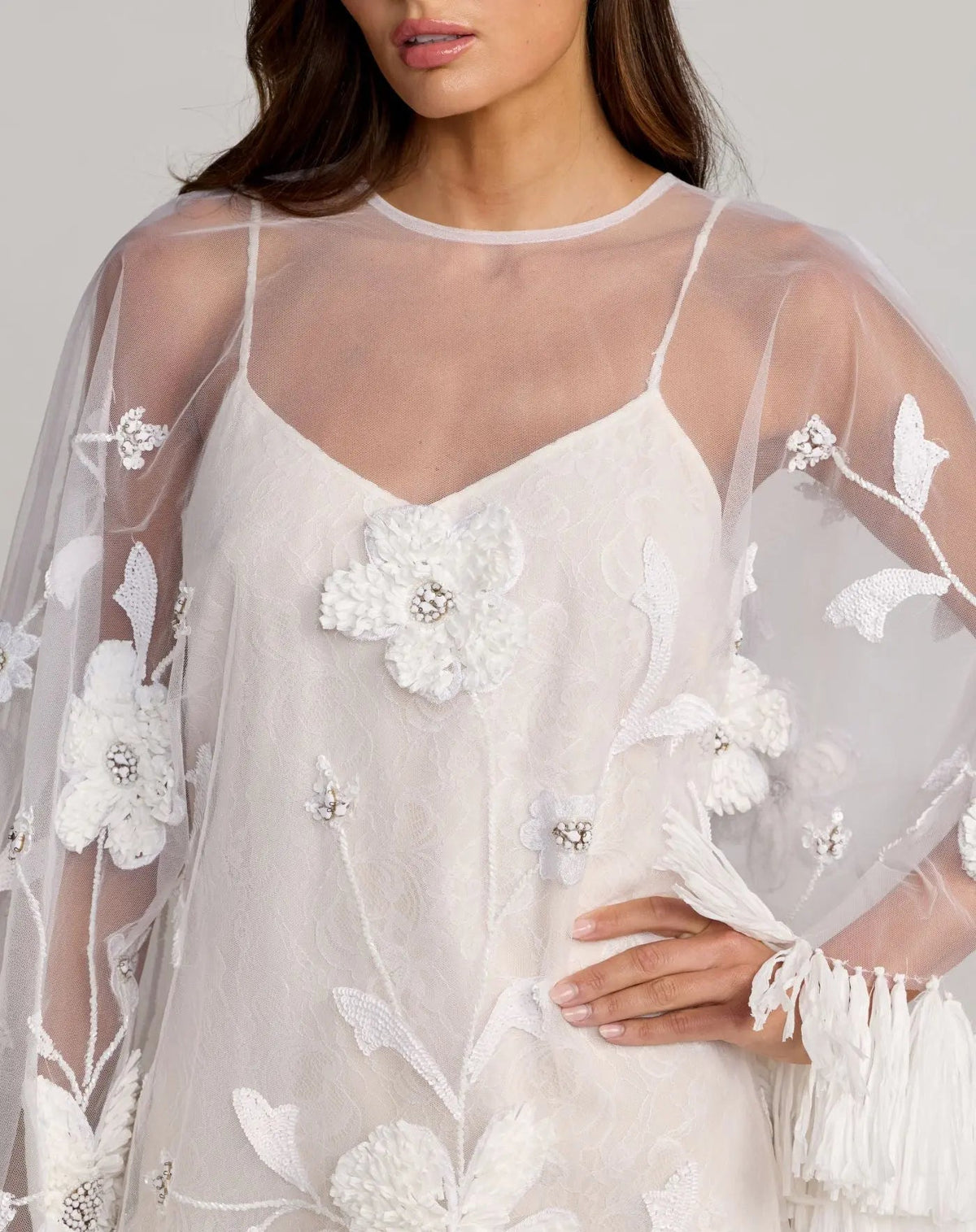 Mac Duggal White Embellished Trapeze Mini Dress With Fringe Hem