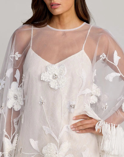 Mac Duggal White Embellished Trapeze Mini Dress With Fringe Hem
