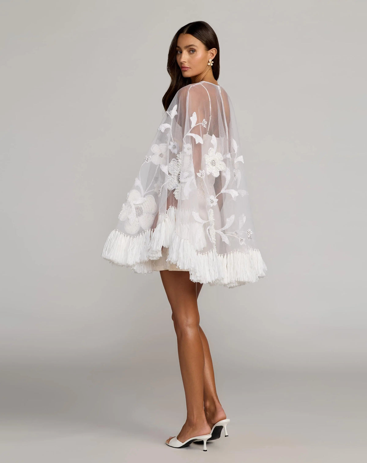 Mac Duggal White Embellished Trapeze Mini Dress With Fringe Hem