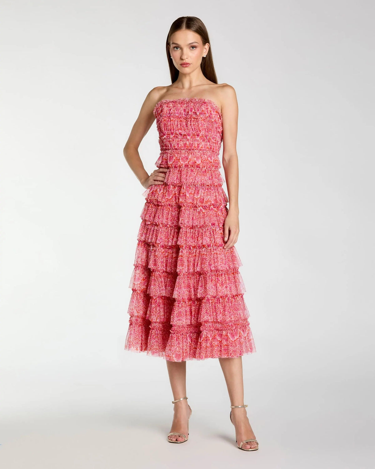 Mac Duggal Pink Floral Strapless Ruffle Maxi Dress