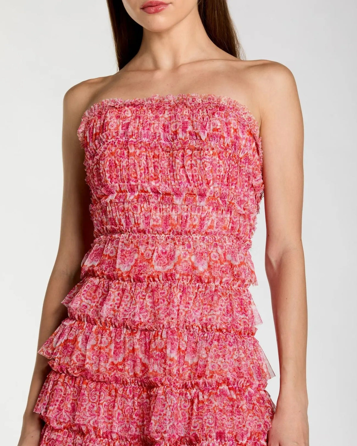 Mac Duggal Pink Floral Strapless Ruffle Maxi Dress