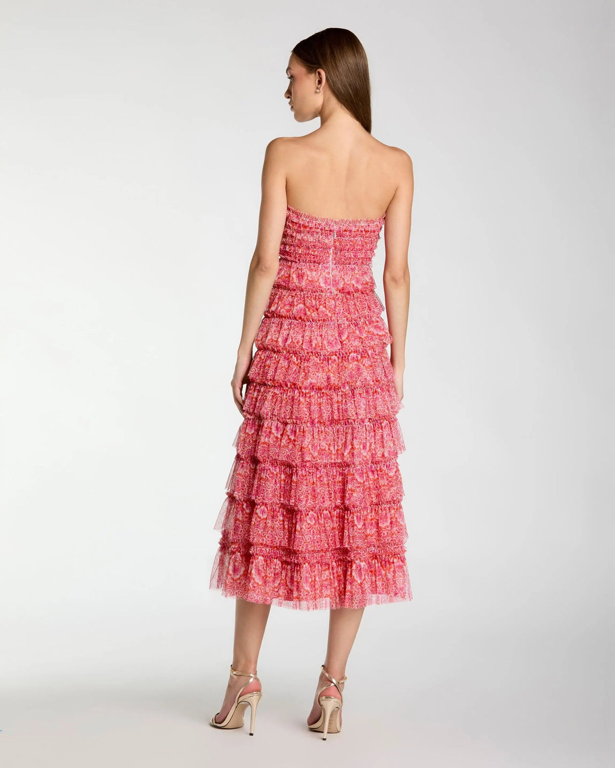 Mac Duggal Pink Floral Strapless Ruffle Maxi Dress