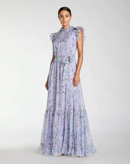 Mac Duggal Light Purple Floral Chiffon Cap Sleeve Gown