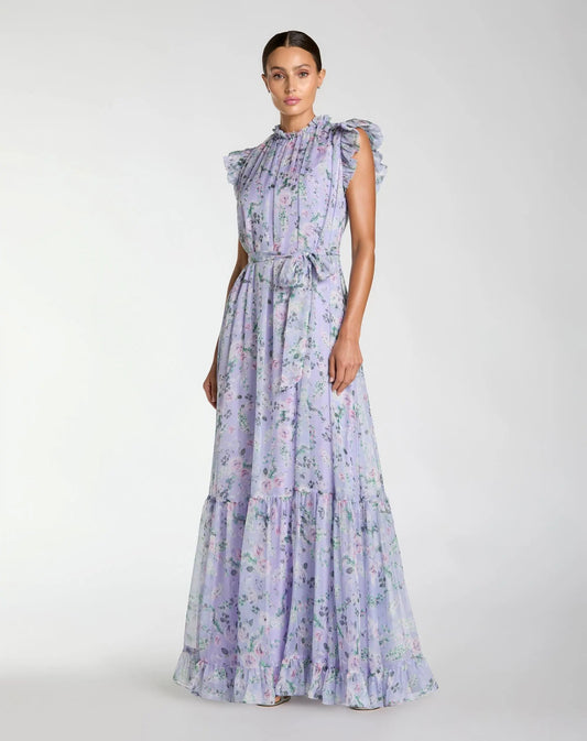 Mac Duggal Light Purple Floral Chiffon Cap Sleeve Gown