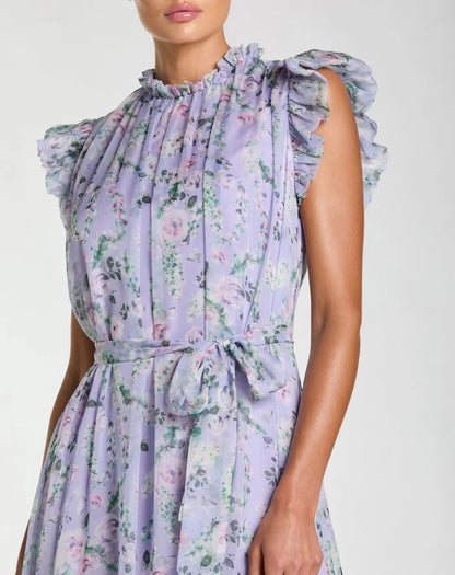 Mac Duggal Light Purple Floral Chiffon Cap Sleeve Gown