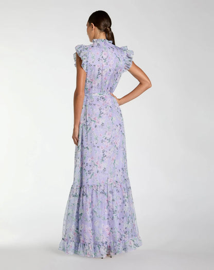 Mac Duggal Light Purple Floral Chiffon Cap Sleeve Gown