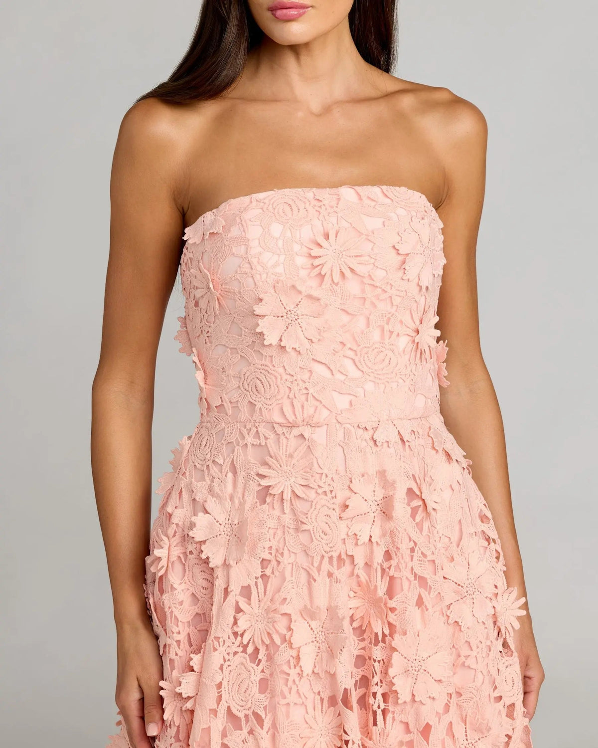 Mac Duggal Pink Strapless Floral Lace A-Line Dress