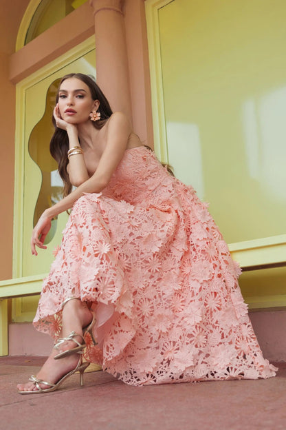 Mac Duggal Pink Strapless Floral Lace A-Line Dress