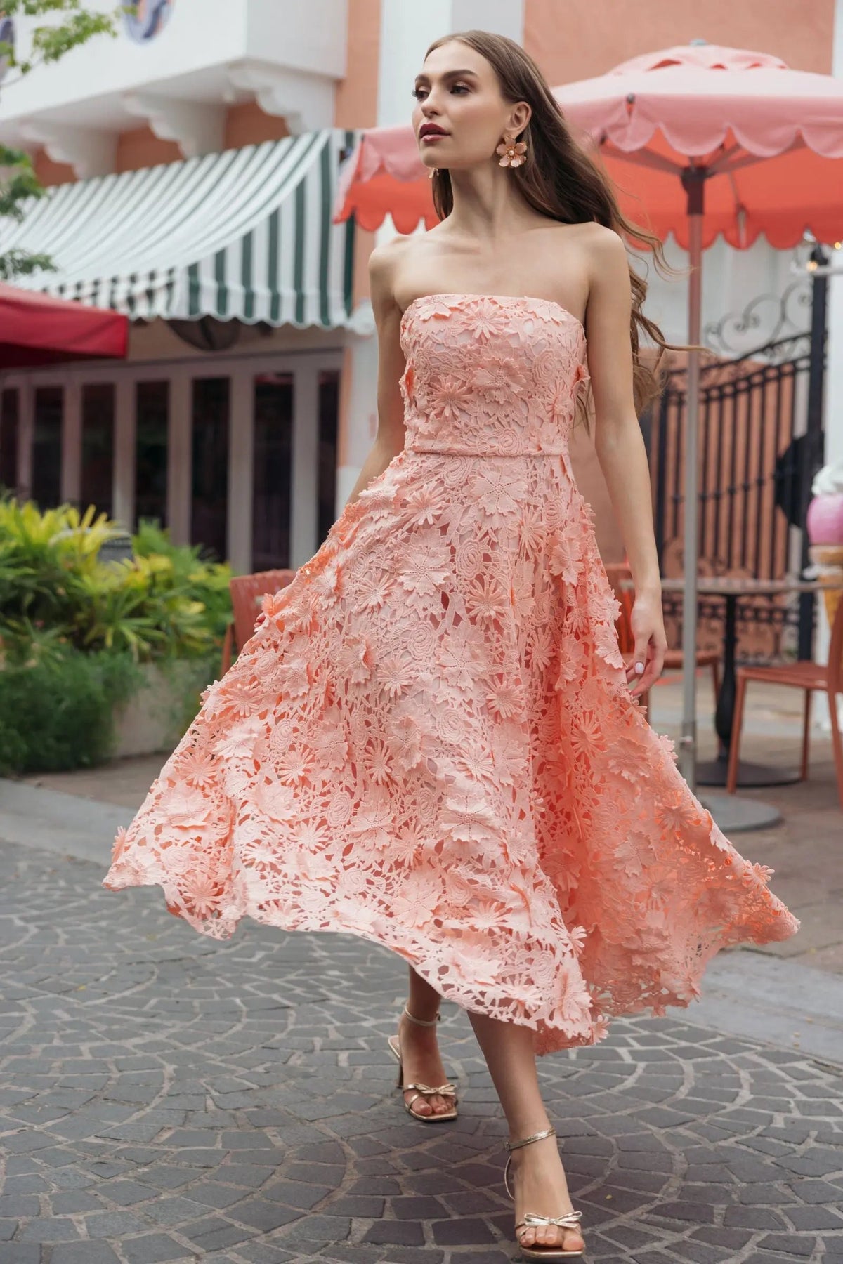 Mac Duggal Pink Strapless Floral Lace A-Line Dress