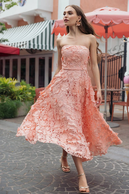 Mac Duggal Pink Strapless Floral Lace A-Line Dress