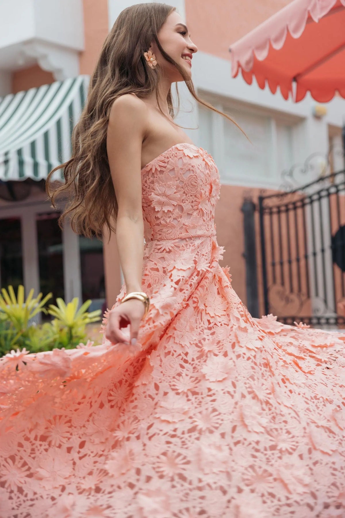 Mac Duggal Pink Strapless Floral Lace A-Line Dress