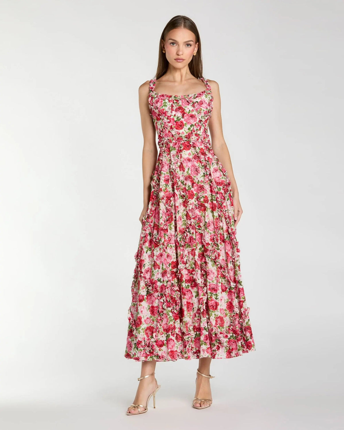 Mac Duggal Pink Ruffle Scoop Neck Floral A-Line Dress