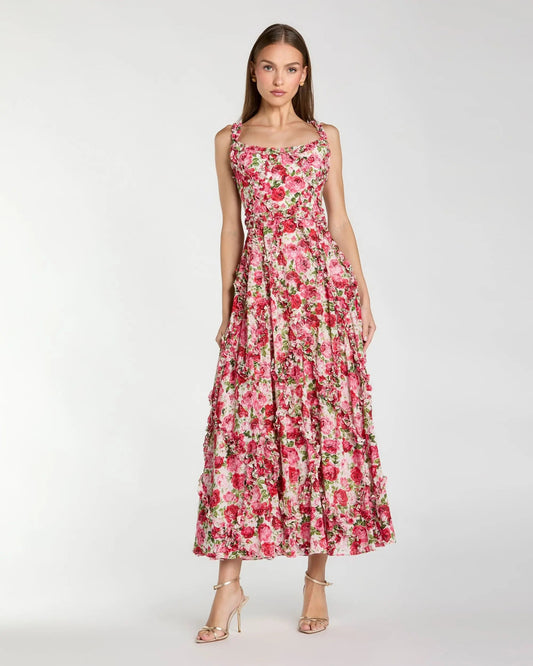 Mac Duggal Pink Ruffle Scoop Neck Floral A-Line Dress