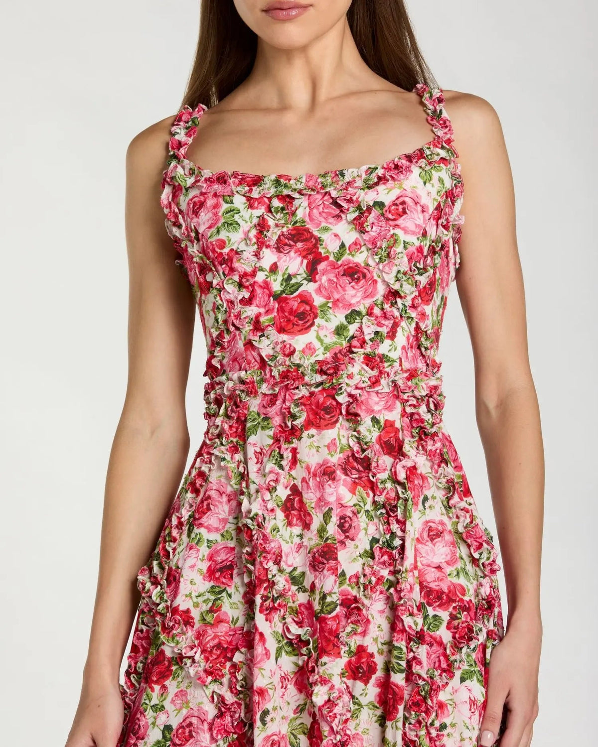 Mac Duggal Pink Ruffle Scoop Neck Floral A-Line Dress