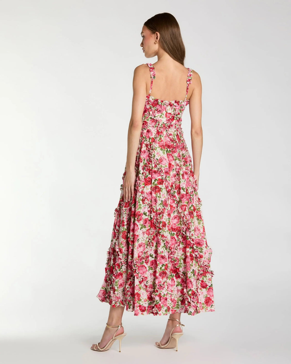 Mac Duggal Pink Ruffle Scoop Neck Floral A-Line Dress
