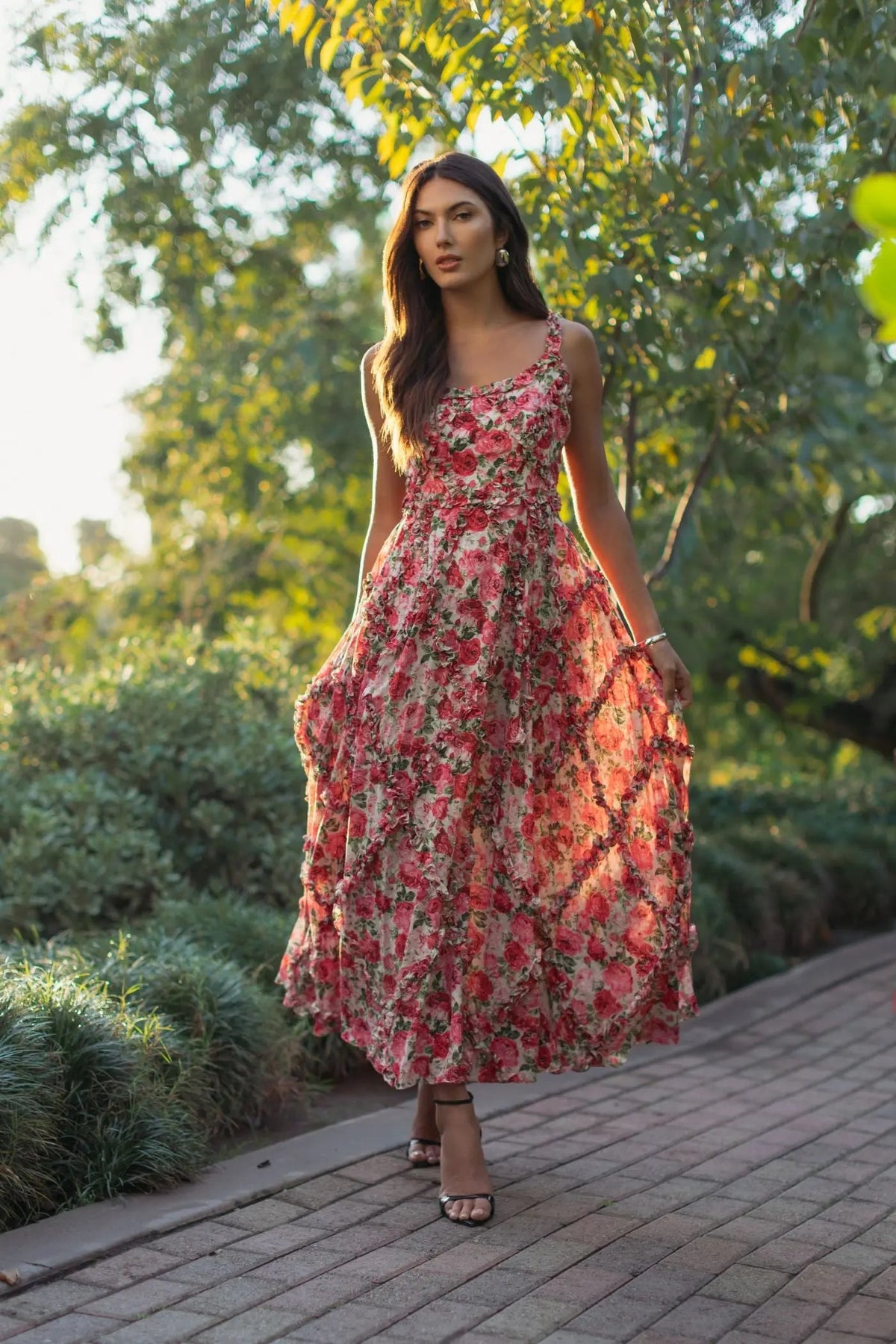 Mac Duggal Pink Ruffle Scoop Neck Floral A-Line Dress