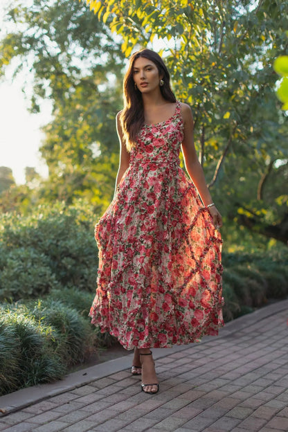 Mac Duggal Pink Ruffle Scoop Neck Floral A-Line Dress