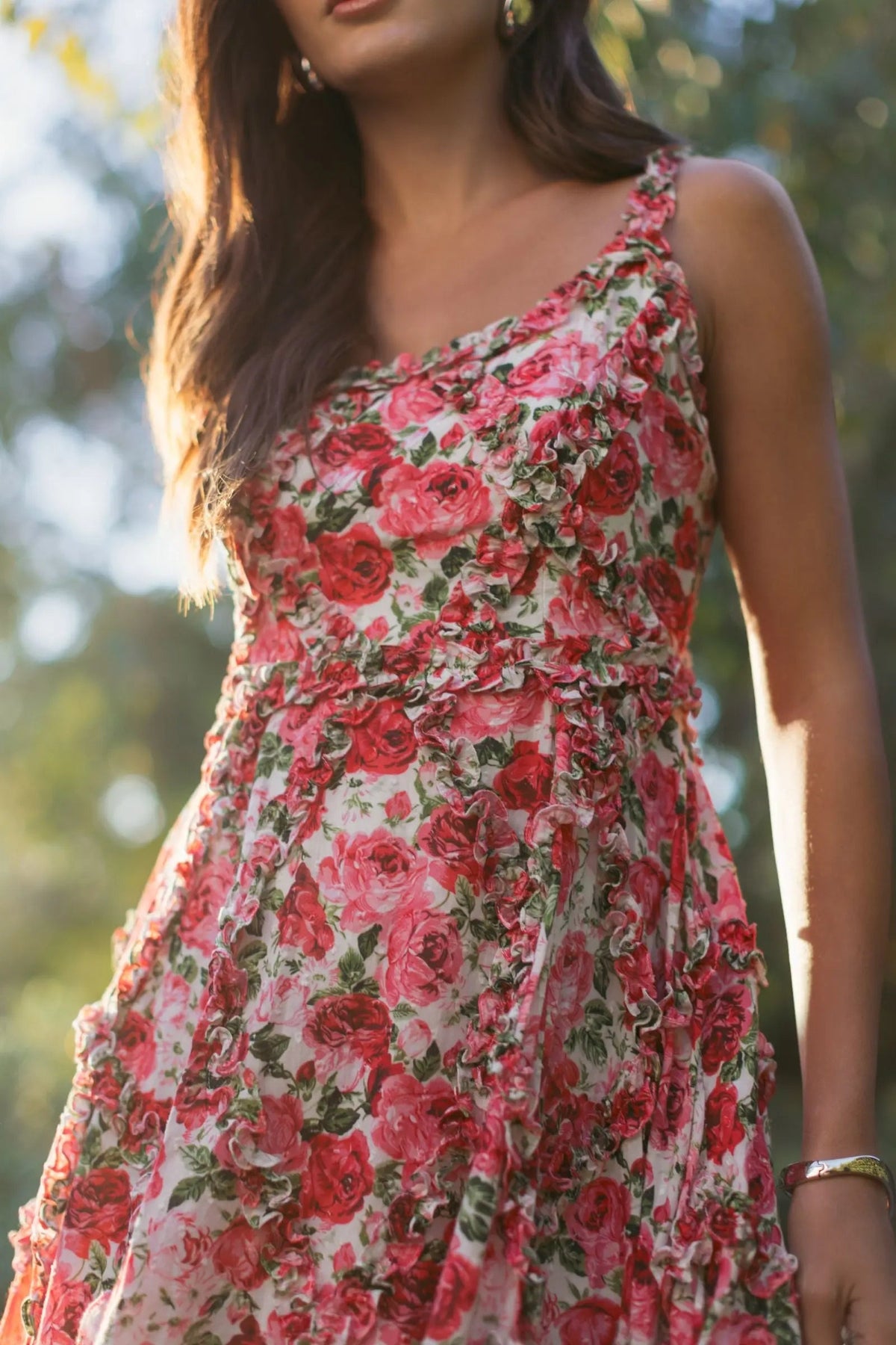 Mac Duggal Pink Ruffle Scoop Neck Floral A-Line Dress