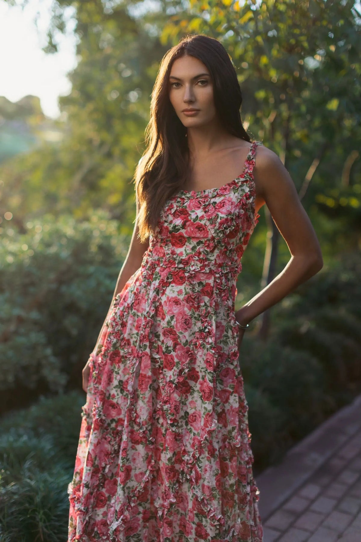 Mac Duggal Pink Ruffle Scoop Neck Floral A-Line Dress