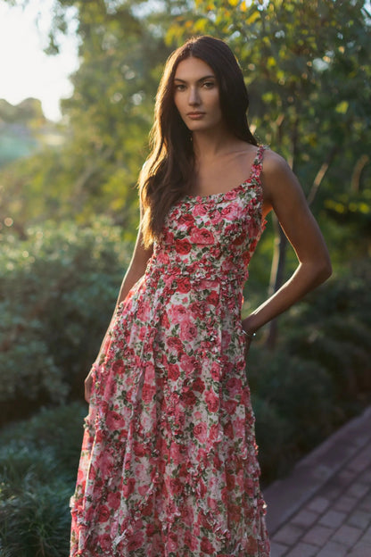 Mac Duggal Pink Ruffle Scoop Neck Floral A-Line Dress