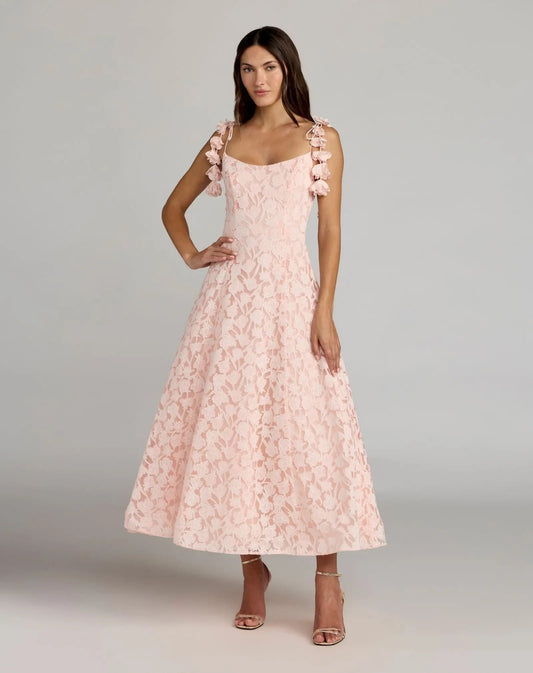 Mac Duggal Pink Scoop Neck Floral A-Line Midi Dress