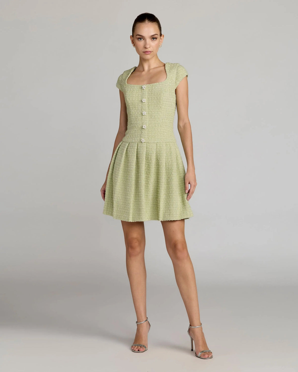 Mac Duggal Green Tweed Cap Sleeve Pleated Mini Dress