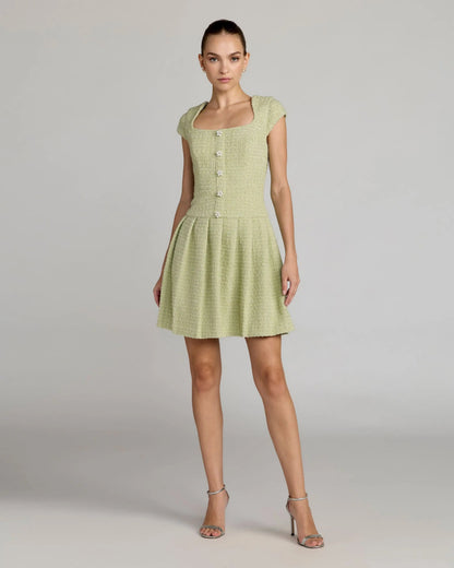 Mac Duggal Green Tweed Cap Sleeve Pleated Mini Dress