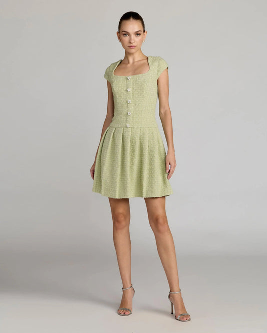 Mac Duggal Green Tweed Cap Sleeve Pleated Mini Dress