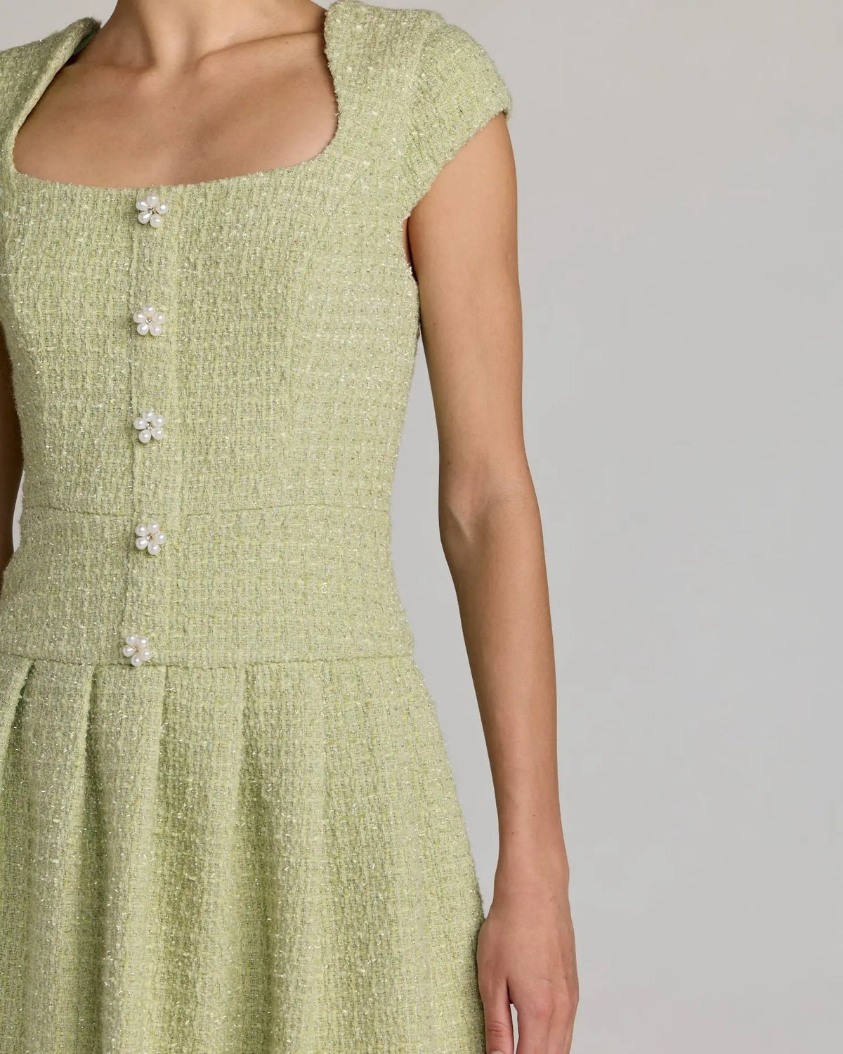 Mac Duggal Green Tweed Cap Sleeve Pleated Mini Dress