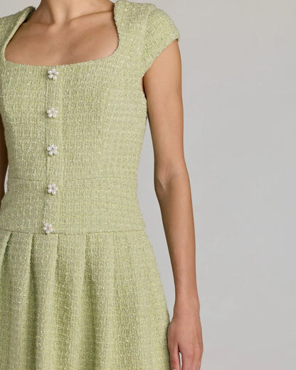 Mac Duggal Green Tweed Cap Sleeve Pleated Mini Dress