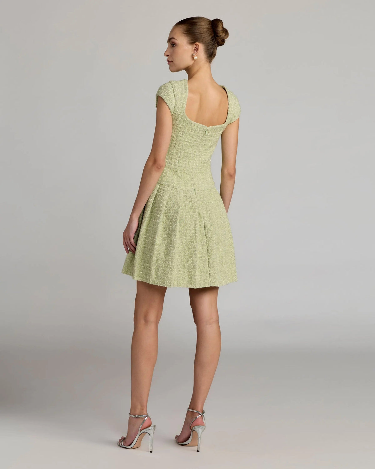 Mac Duggal Green Tweed Cap Sleeve Pleated Mini Dress