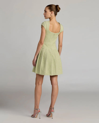 Mac Duggal Green Tweed Cap Sleeve Pleated Mini Dress