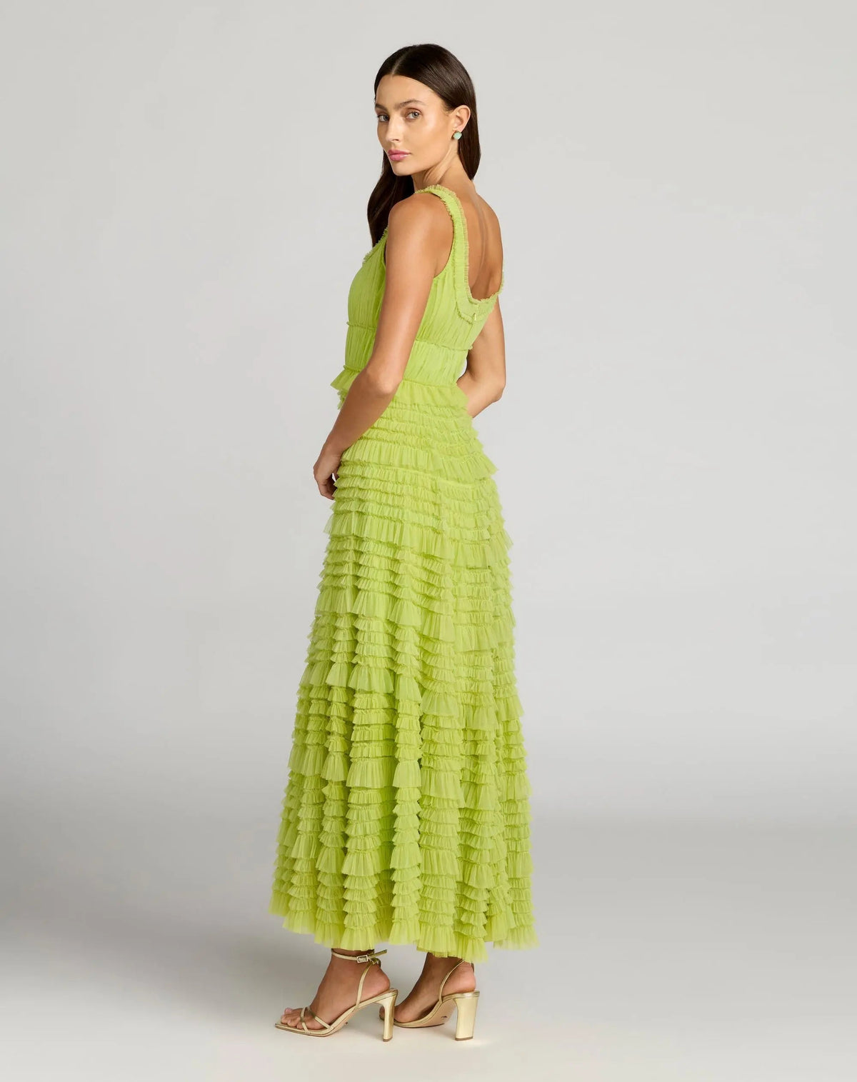 Mac Duggal Green Micro Ruffle Sleeveless Scoop Neck Maxi Dress