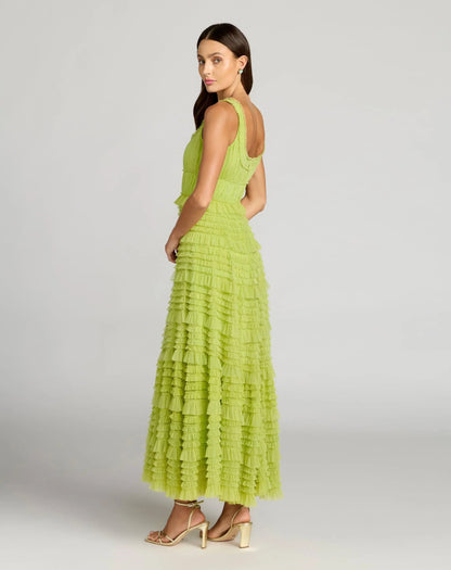 Mac Duggal Green Micro Ruffle Sleeveless Scoop Neck Maxi Dress