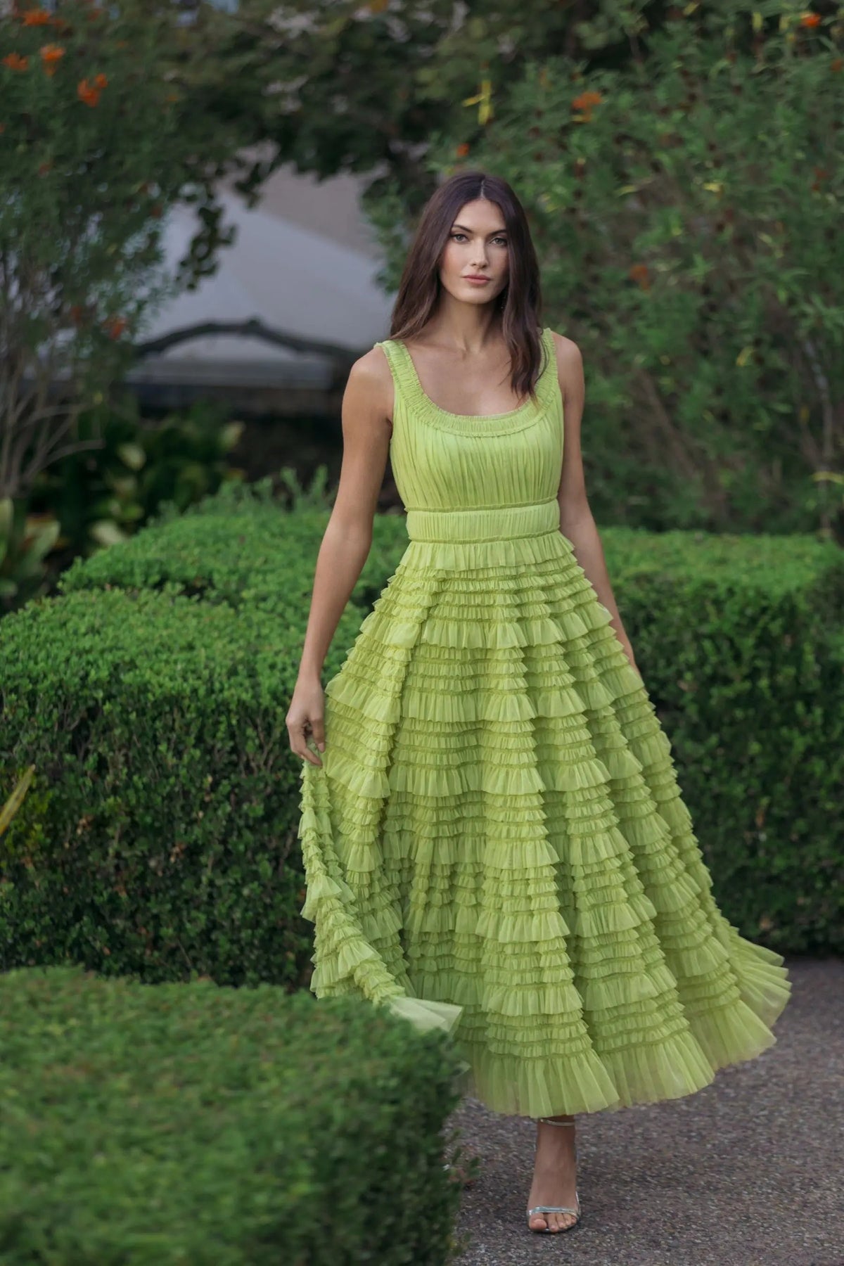 Mac Duggal Green Micro Ruffle Sleeveless Scoop Neck Maxi Dress