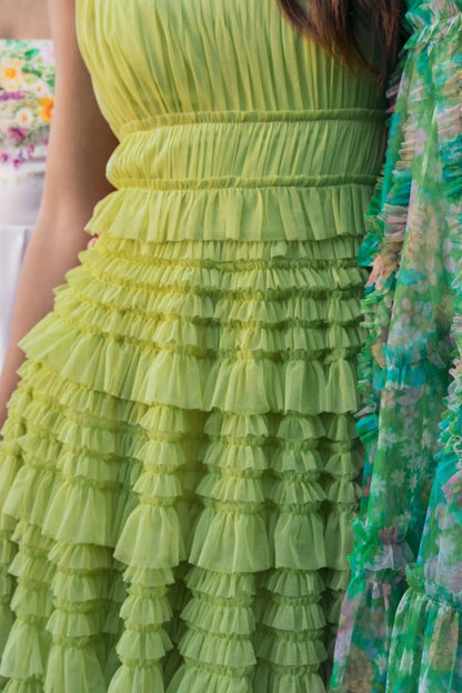 Mac Duggal Green Micro Ruffle Sleeveless Scoop Neck Maxi Dress
