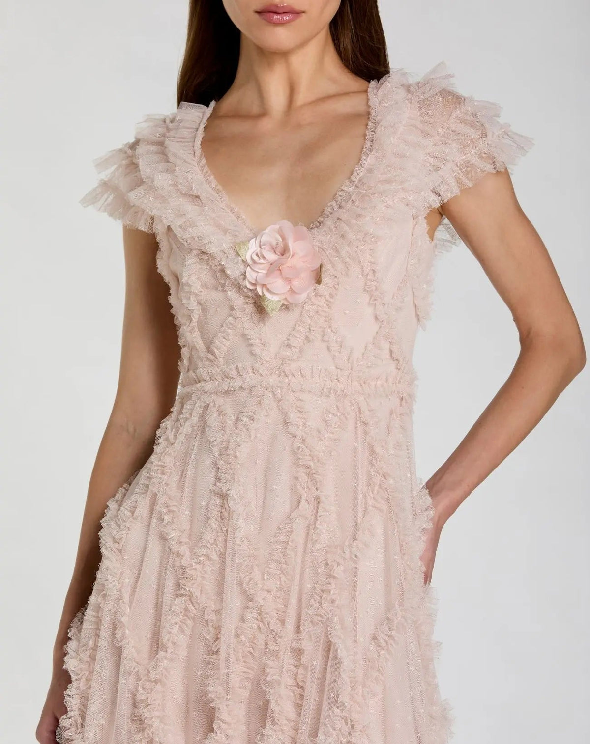 Mac Duggal Pink Micro Ruffle Cap Sleeve A-Line Midi Dress