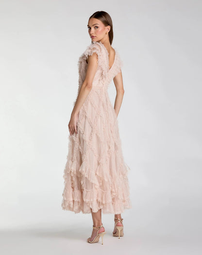 Mac Duggal Pink Micro Ruffle Cap Sleeve A-Line Midi Dress