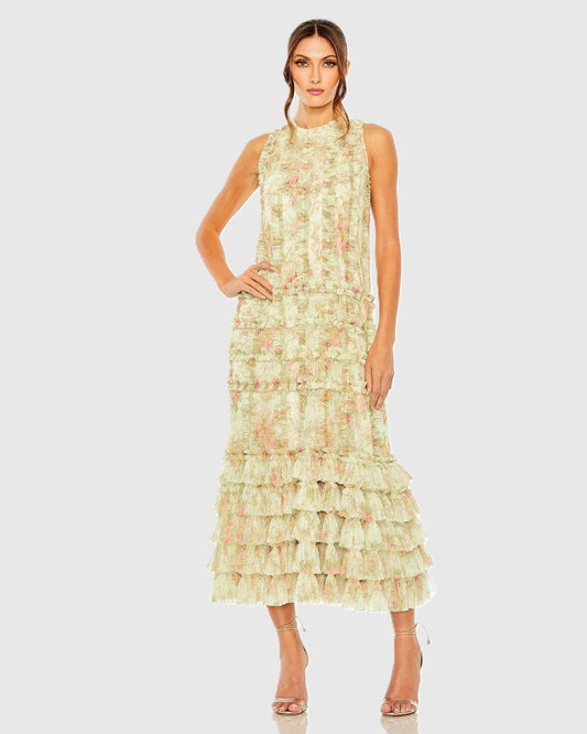 Mac Duggal Green Tiered Ruffle Sleeveless Midi Dress