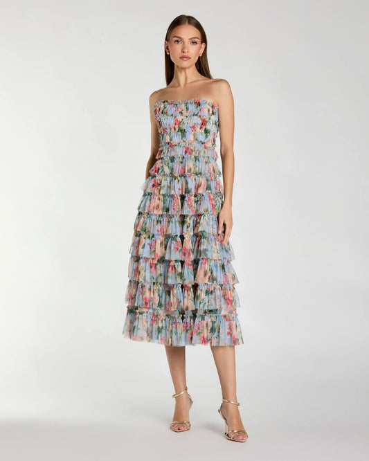 Mac Duggal Blue Floral Strapless Ruffle Maxi Dress