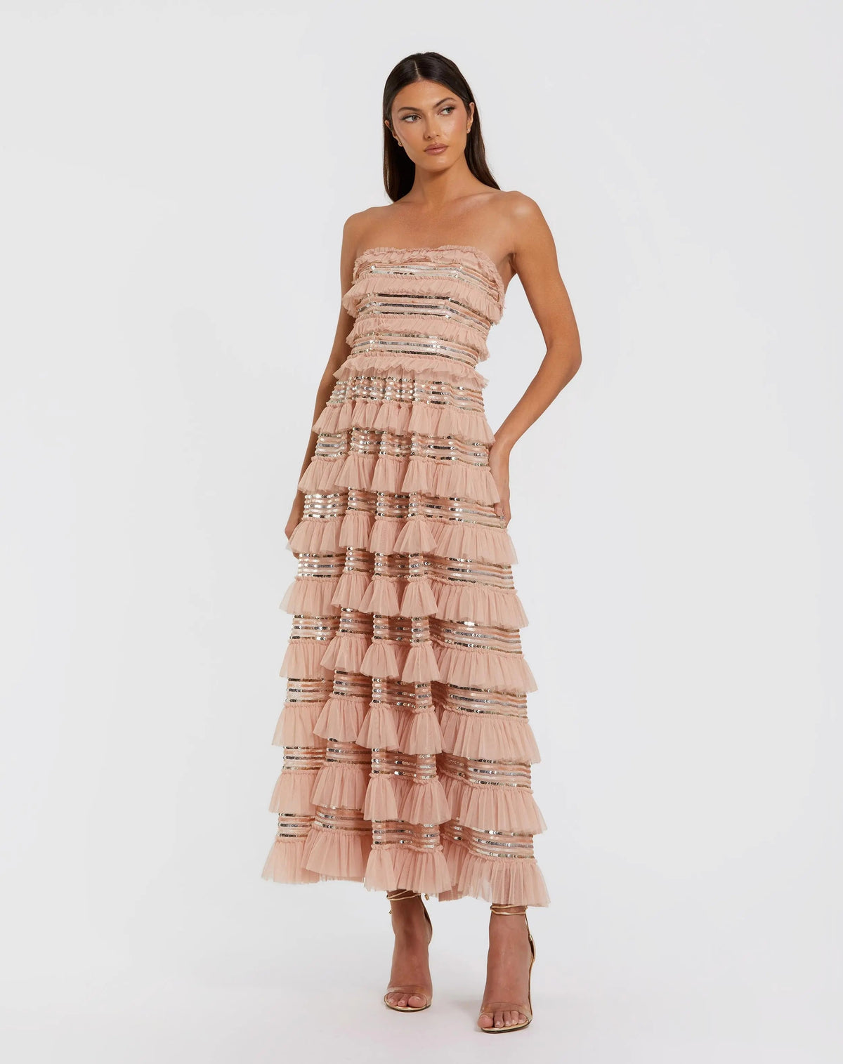 Mac Duggal Pink Strapless Sequin Micro Ruffle Maxi Dress